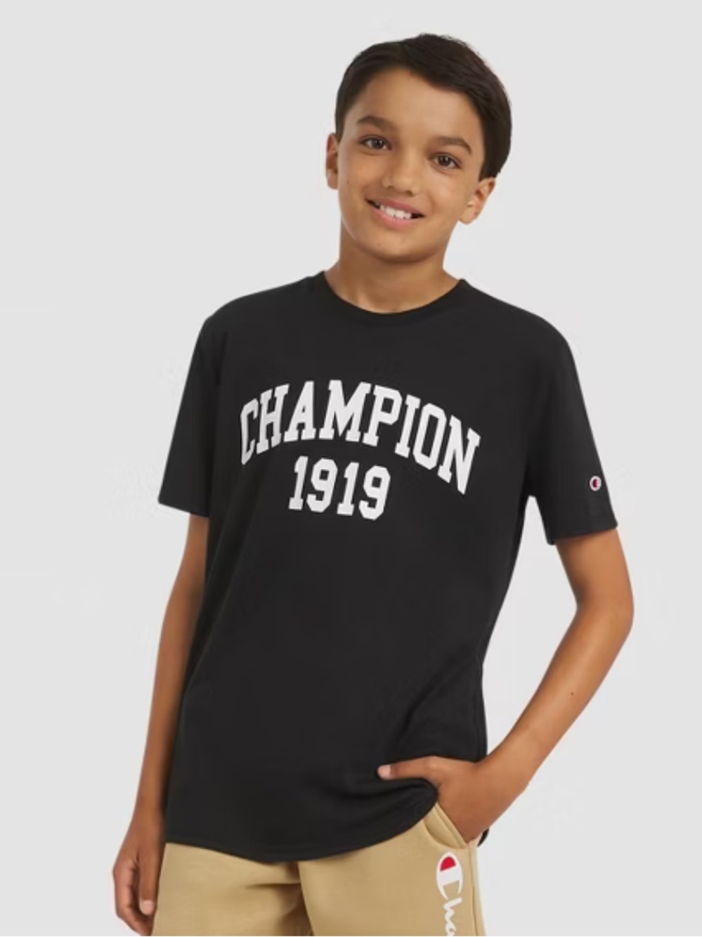 Champion Black Tee with White 'Champion 1919' Logo. Small size 8